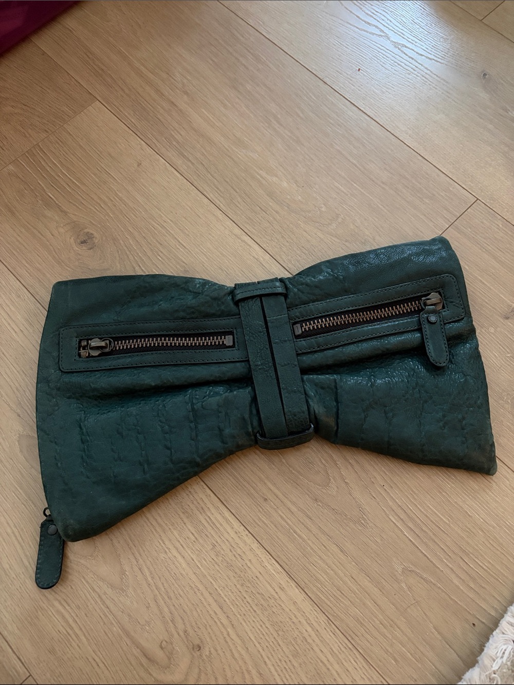 BCBGMaxAzria Dark Green Bow-Style Leather Clutch